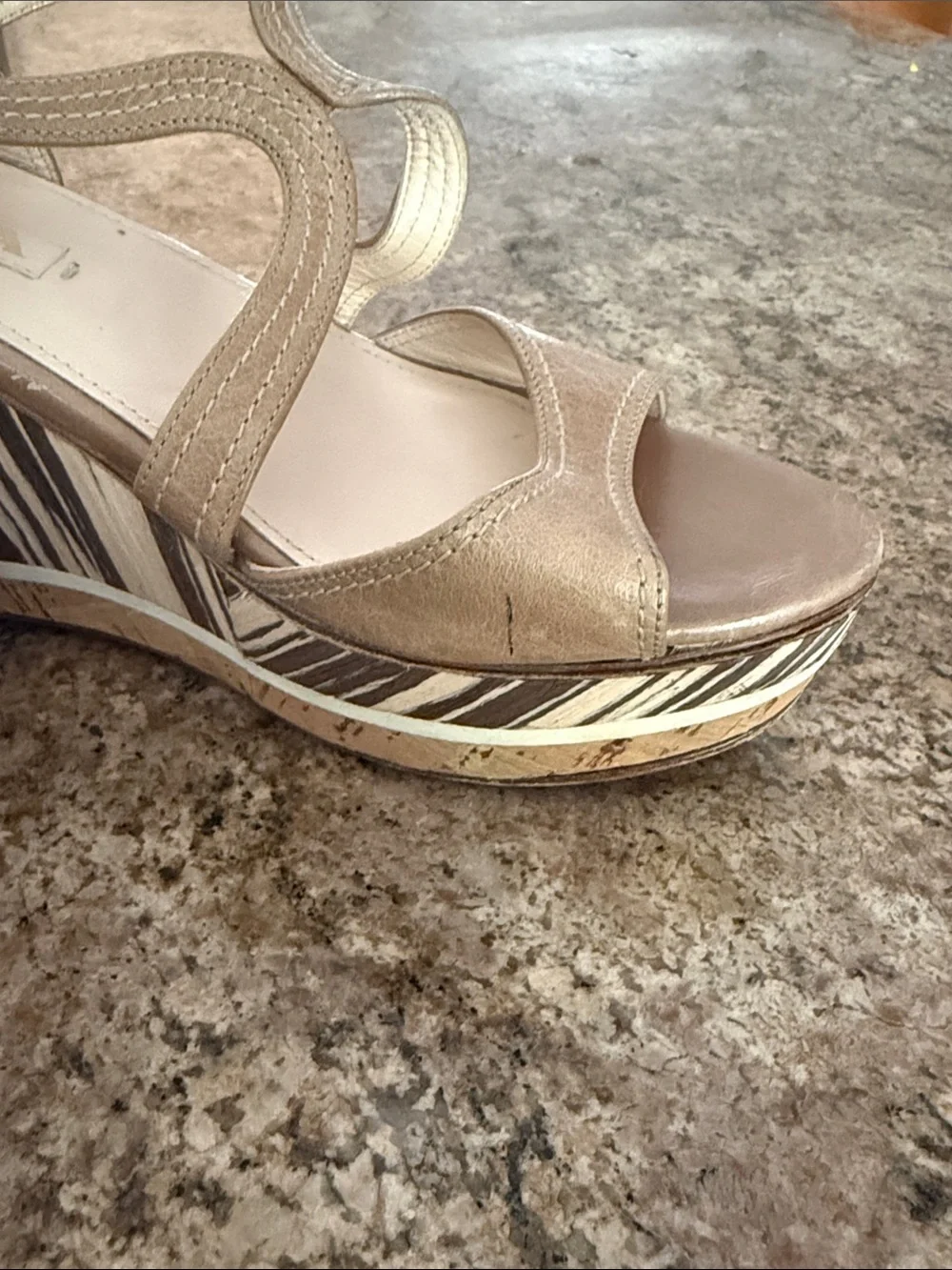Prada Beige Leather Platform Wedge Sandals Zebra Stripe Cork Slingback 37